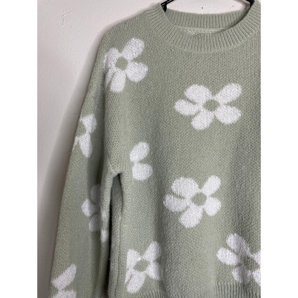 Shein Curve 1XL Sage Green Daisy Flower Sweater Cottage core Cozy Floral Knit - Picture 3 of 4